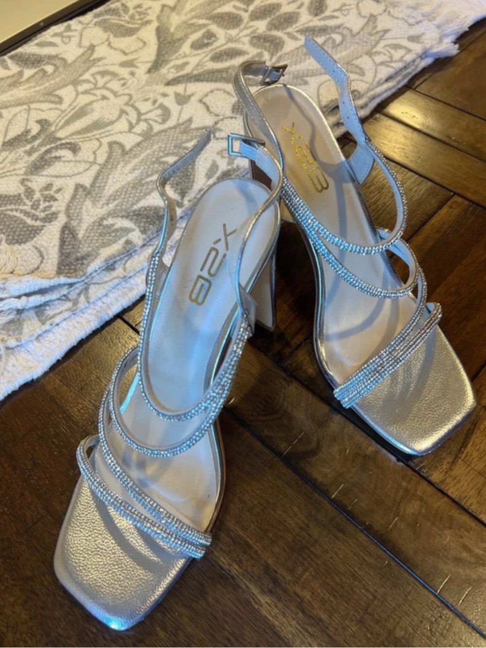 X2 Silver Strappy Rhinestone Slingback Heels - Picture 2 of 5
